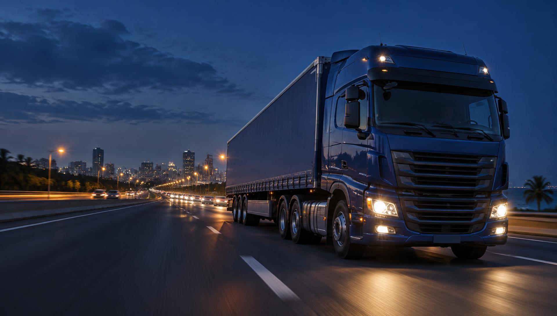 A heavy-duty truck travelling on a highway at blue hour